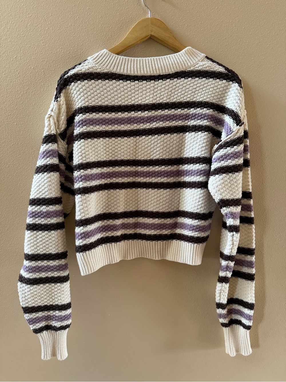 Free People Cream Striped Button-Front Cardigan with Purple and Brown Accents - Picture 2 of 3
